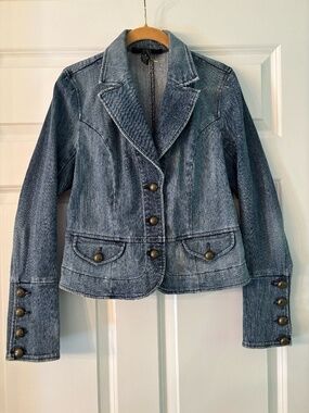 INC International Concepts Denim Jacket Brass Button Stretch Jean Jacket Size M